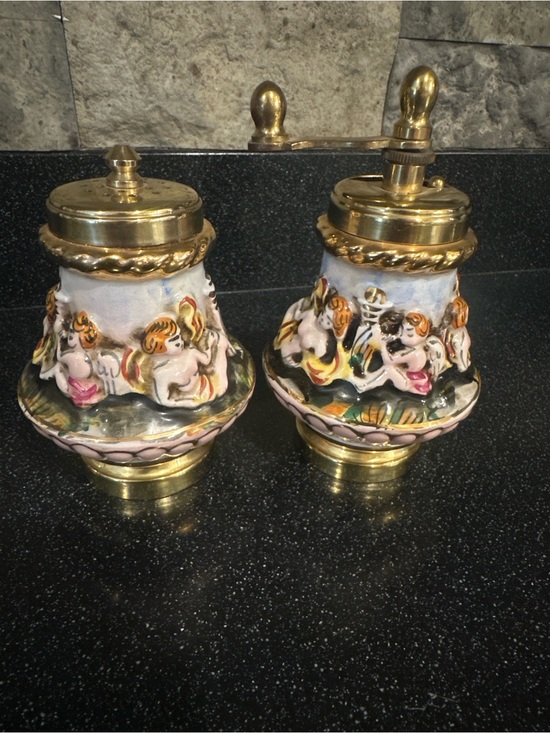Other Other - Italian Capodimonte Porcelain Brass Pepper Grinder & Salt Shaker Set Vintage